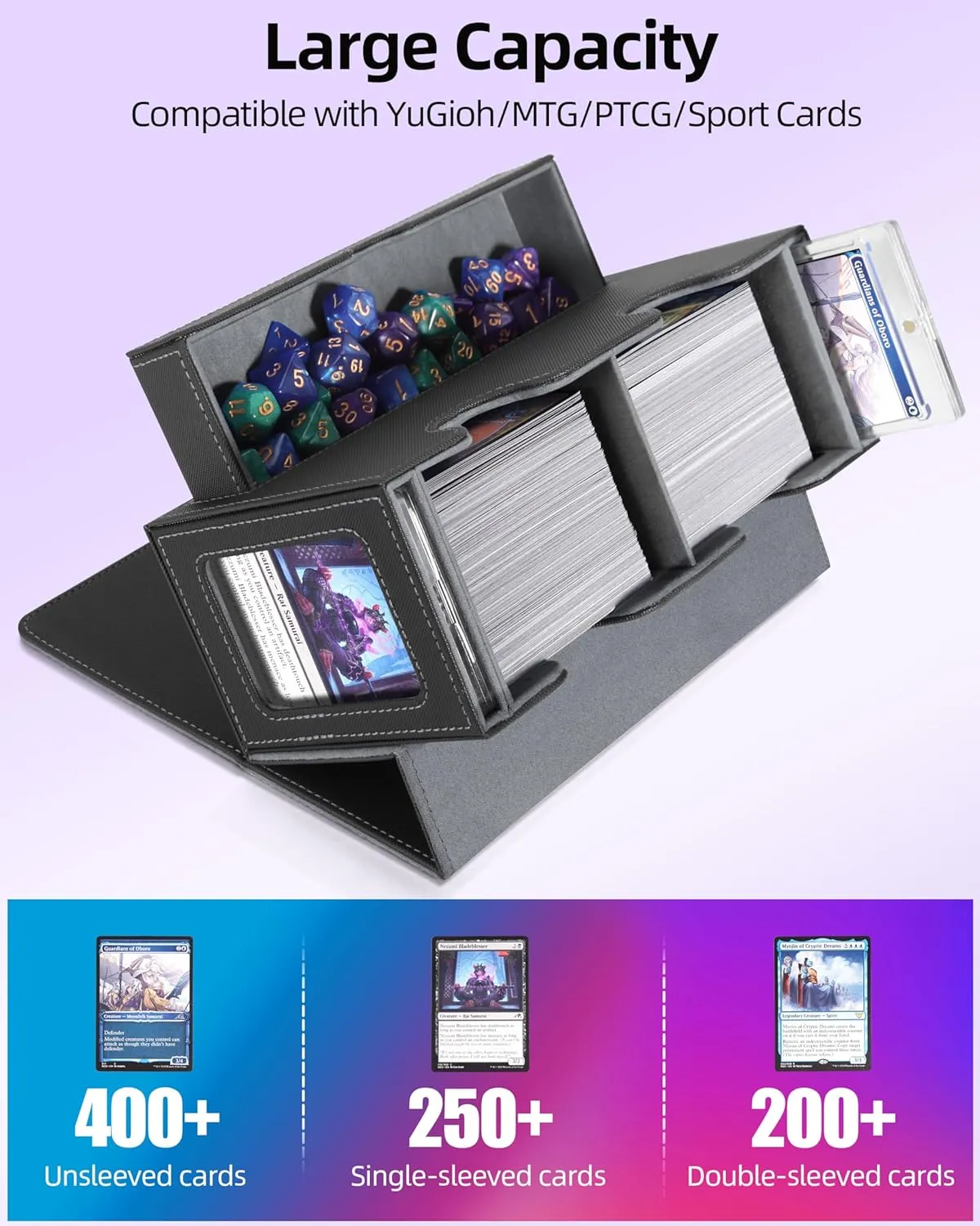 MTG Deck Box, MTG Commander Card Deck Box with Commander Display, Fits 250  Single Sleeved, Double Card Storage Box with Dice Tray, Magnetic Card Storage Case for CCG TCG Sports Cards, Black Grey