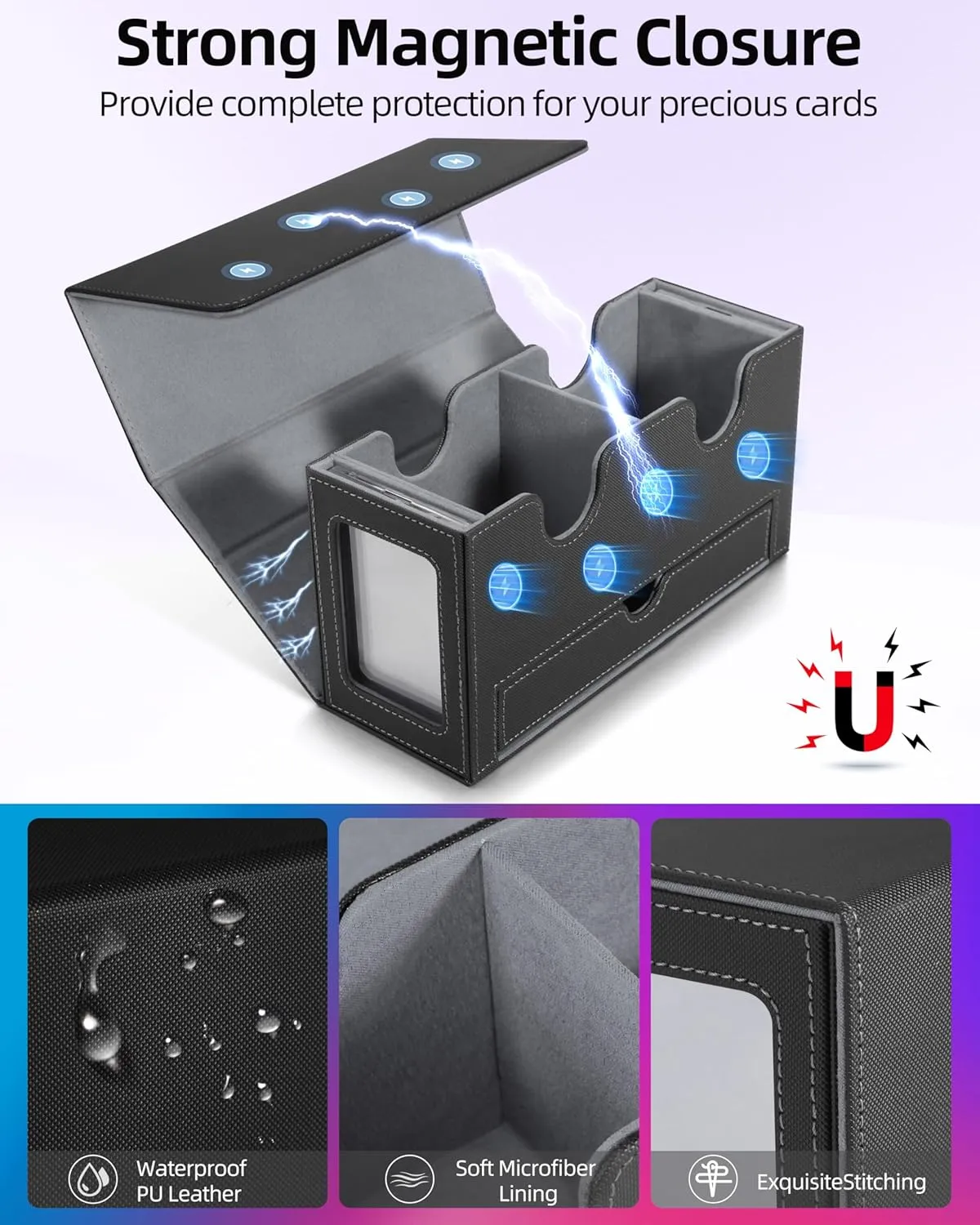 MTG Deck Box, MTG Commander Card Deck Box with Commander Display, Fits 250  Single Sleeved, Double Card Storage Box with Dice Tray, Magnetic Card Storage Case for CCG TCG Sports Cards, Black Grey