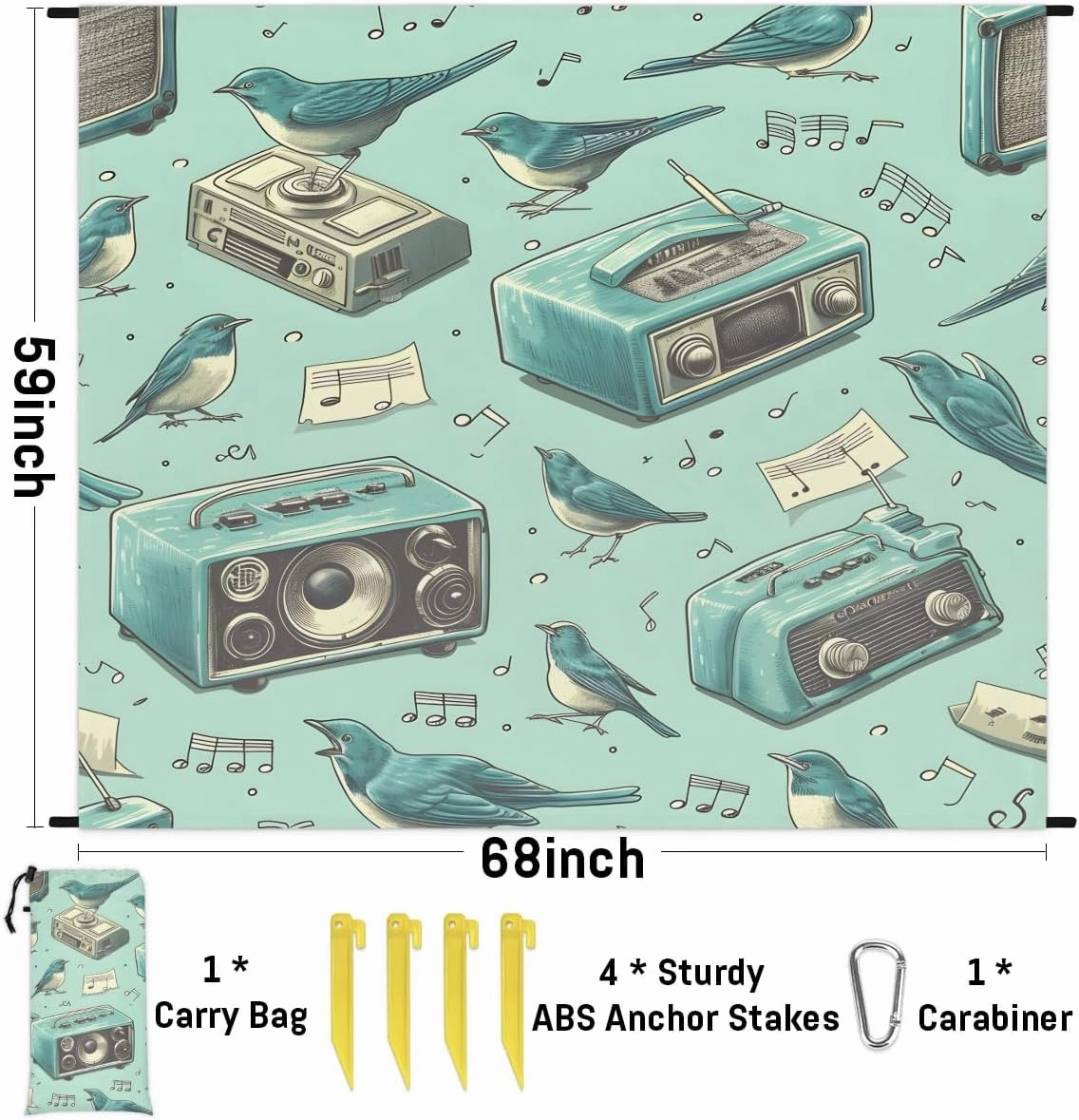 Music Beach Blanket, Sandproof Beach Mat, 68 x 59 Waterproof Quick Drying Sand Free Mat with 4 x Ground Spikes for Outdoor Travel Camping Hiking, Music Note Bird