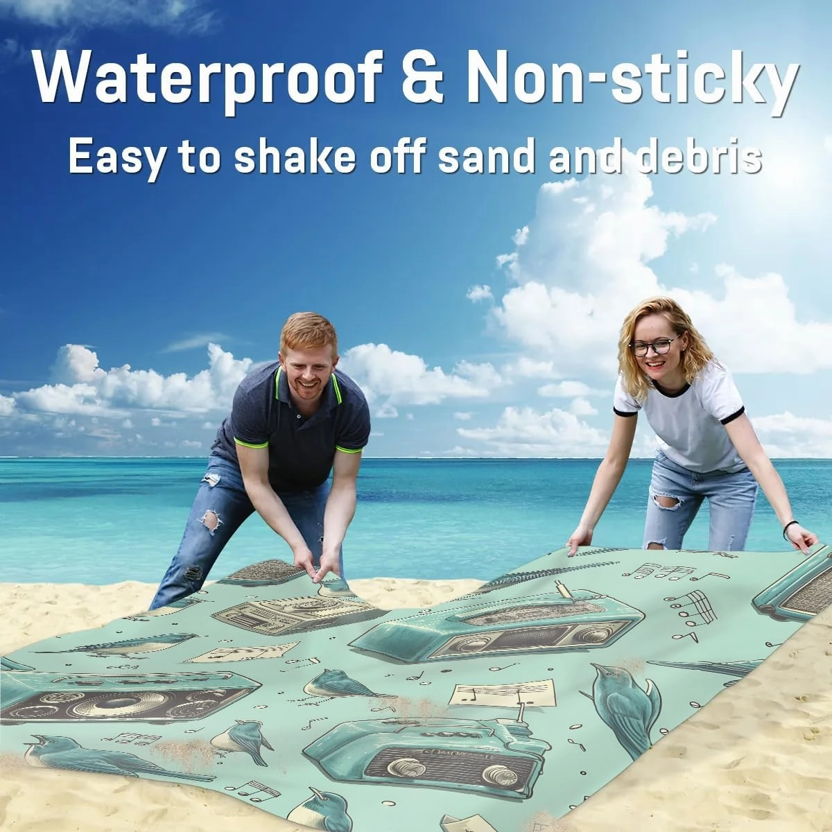 Music Beach Blanket, Sandproof Beach Mat, 68 x 59 Waterproof Quick Drying Sand Free Mat with 4 x Ground Spikes for Outdoor Travel Camping Hiking, Music Note Bird