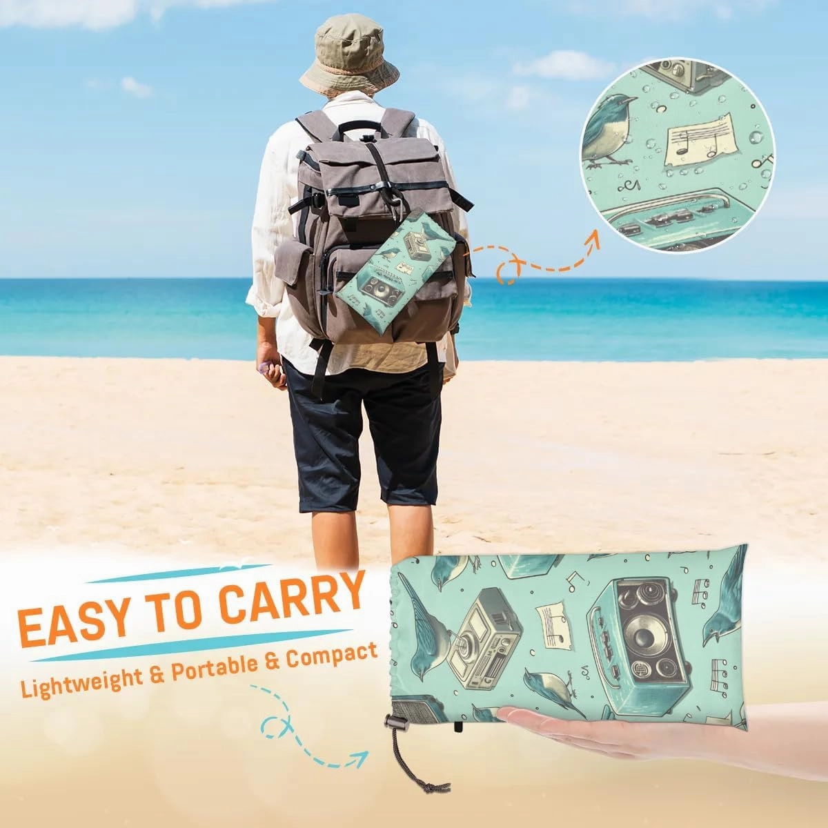 Music Beach Blanket, Sandproof Beach Mat, 68 x 59 Waterproof Quick Drying Sand Free Mat with 4 x Ground Spikes for Outdoor Travel Camping Hiking, Music Note Bird