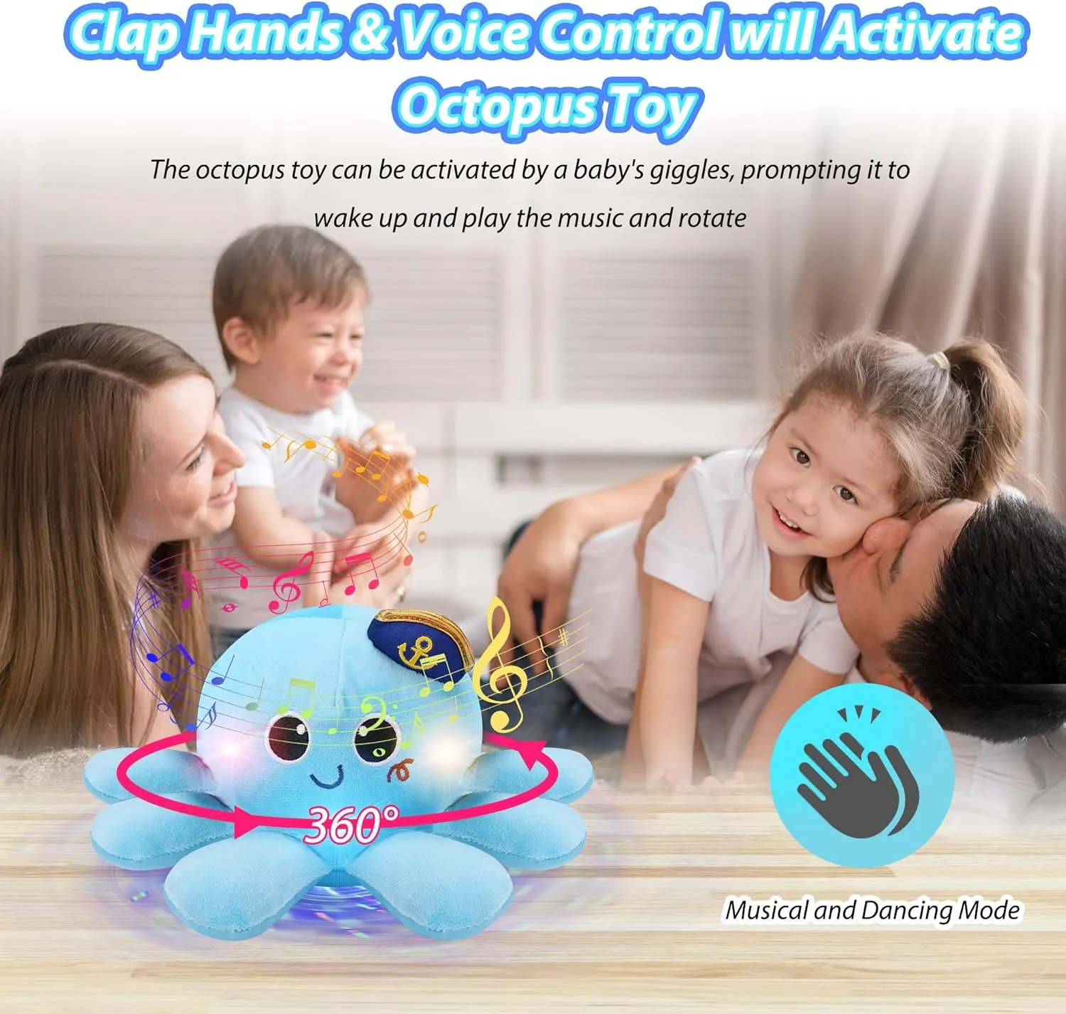 Musical Octopus Baby Toy - Crawling & Rotating Octopus Toy with Recording, Light-Up Voice Control, Clap Hands Awake for 2-6 Year Old Boys and Girls, Tummy Time Sensory Toy