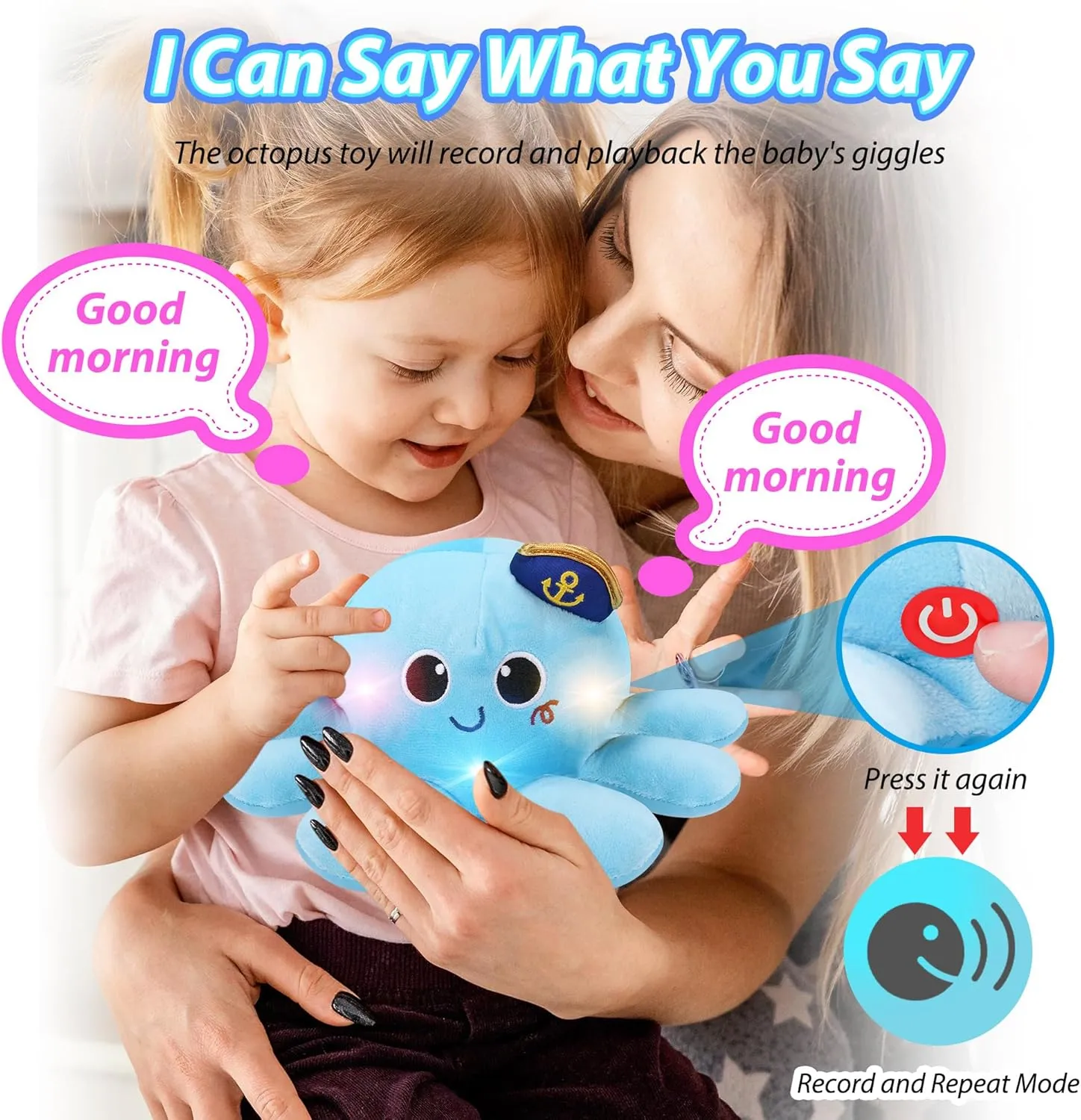 Musical Octopus Baby Toy - Crawling & Rotating Octopus Toy with Recording, Light-Up Voice Control, Clap Hands Awake for 2-6 Year Old Boys and Girls, Tummy Time Sensory Toy