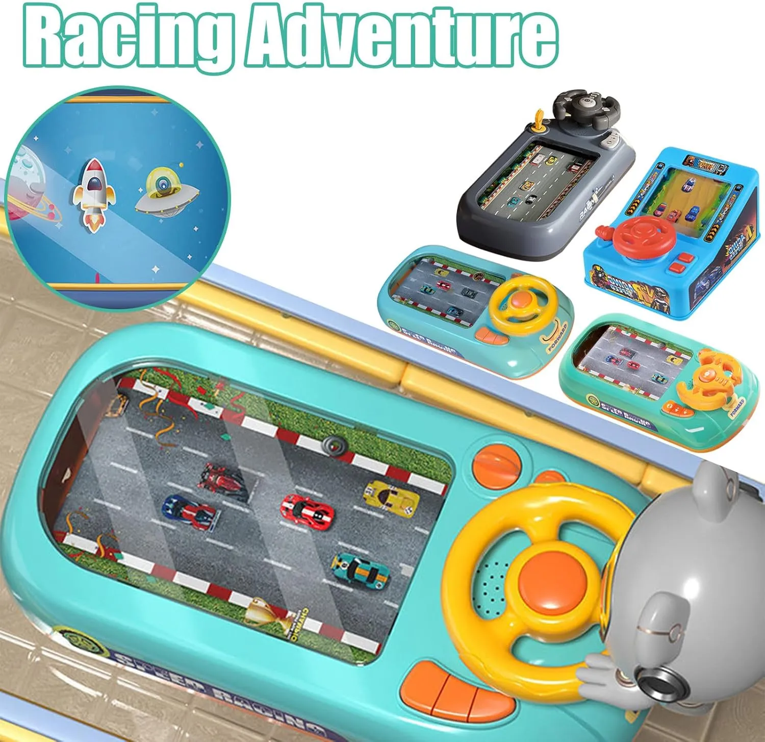 Musical Steering Wheel Toys Spacecraft Driving Simulator, Racing Adventure Car Toy with Steering Wheel, Interactive with Music and Vehicle Sound Effects, Driving Games for Boys Girls Ages 3 Above (AA)