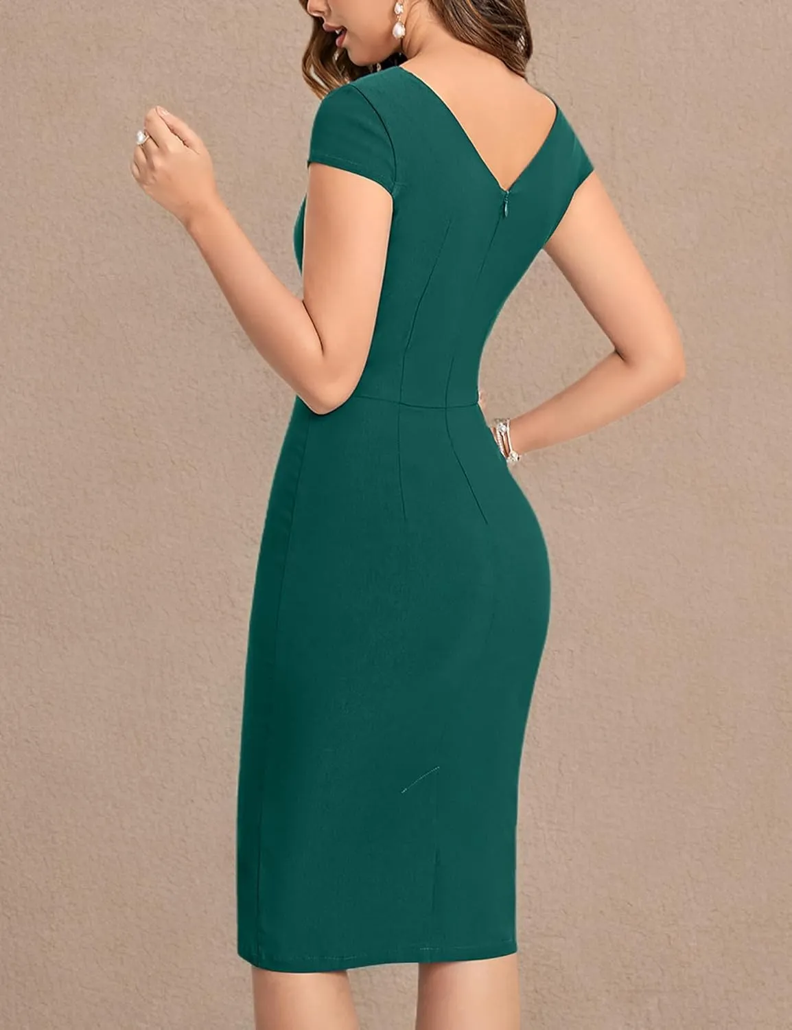 MUXXN Women's 1950's Vintage V Neck Ruched Sheath Formal Pencil Dress