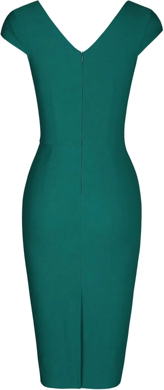 MUXXN Women's 1950's Vintage V Neck Ruched Sheath Formal Pencil Dress