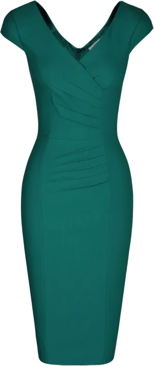 MUXXN Women's 1950's Vintage V Neck Ruched Sheath Formal Pencil Dress