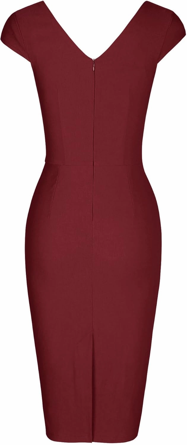 MUXXN Women's 1950's Vintage V Neck Ruched Sheath Formal Pencil Dress