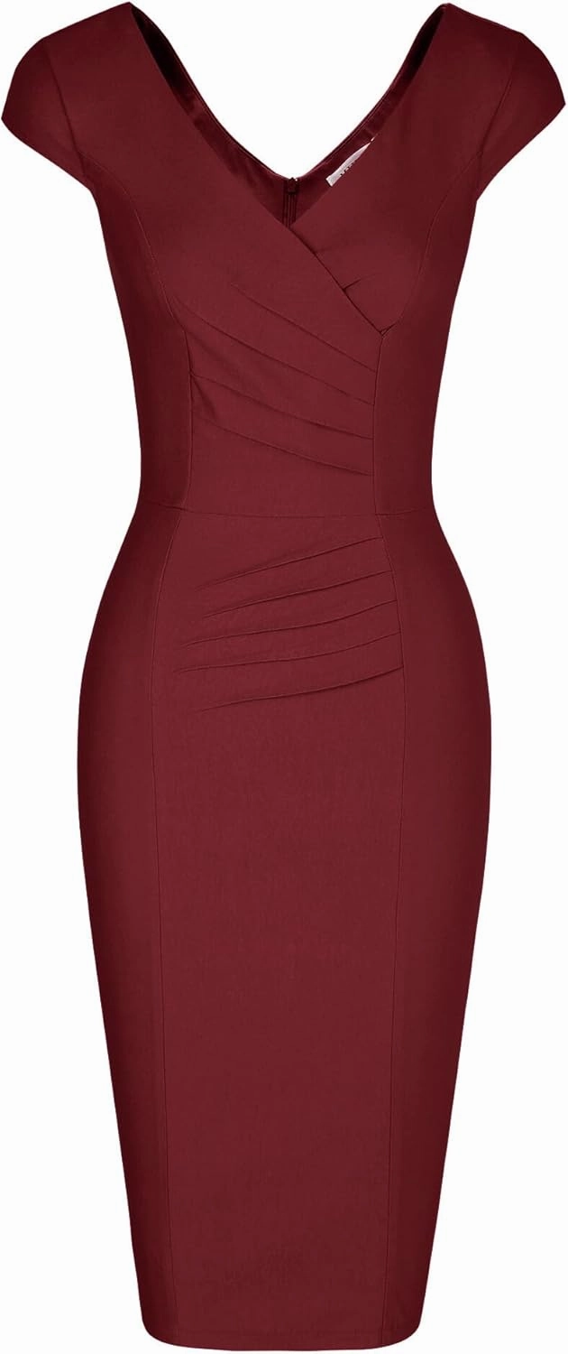 MUXXN Women's 1950's Vintage V Neck Ruched Sheath Formal Pencil Dress