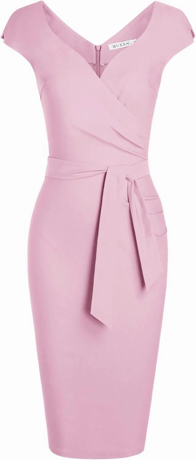 MUXXN Women's Vintage 1950s Style Wrap V Neck Tie Waist Formal Cocktail Dress