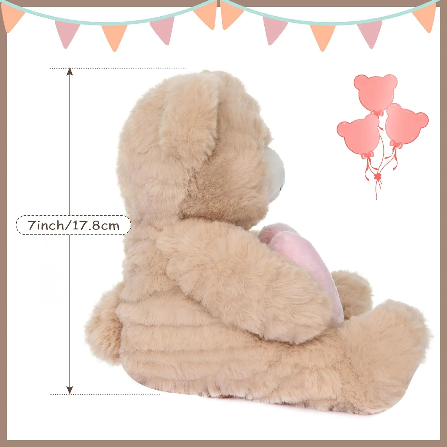 My OLi Plush Teddy Bear 7in Stuffed Animal with Pink Heart Toys Gifts for Mom Beige