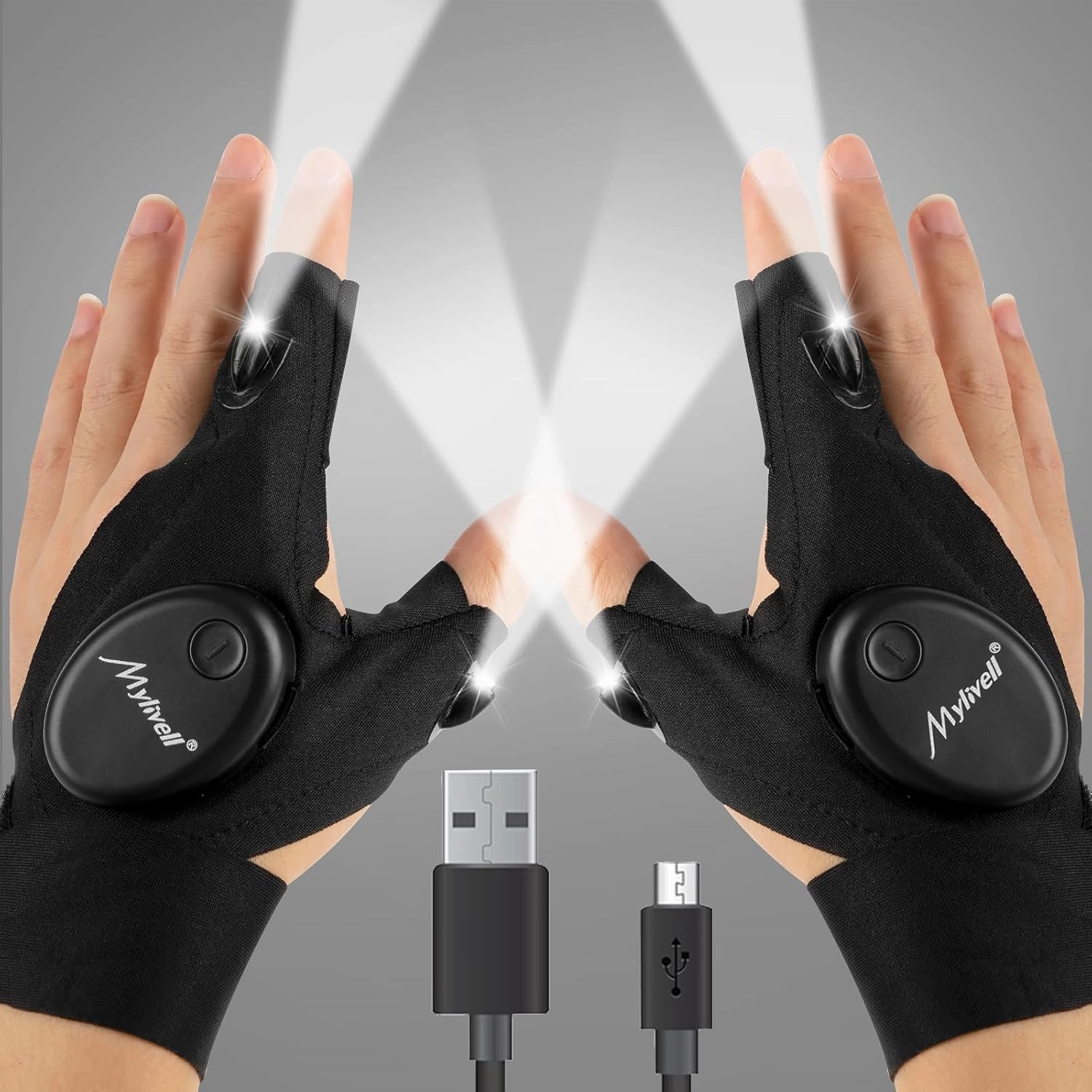 Mylivell Handsfree LED Flashlight Gloves Unique Gift for Men Women Dad Him Boyfriend Husband, Ideal for Fishing Camping Repairing Bright Flexible Rechargeable Fathers Day Christmas Birthday Gifts