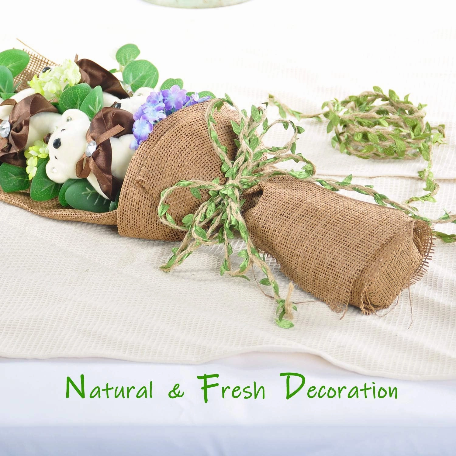 Naidiler 196 Ft Burlap Leaf Ribbon Twine for Crafts for Safari, Jungle, Fairy Party, Woodland Baby Shower, Enchanted Forest Decorations Vines Decor