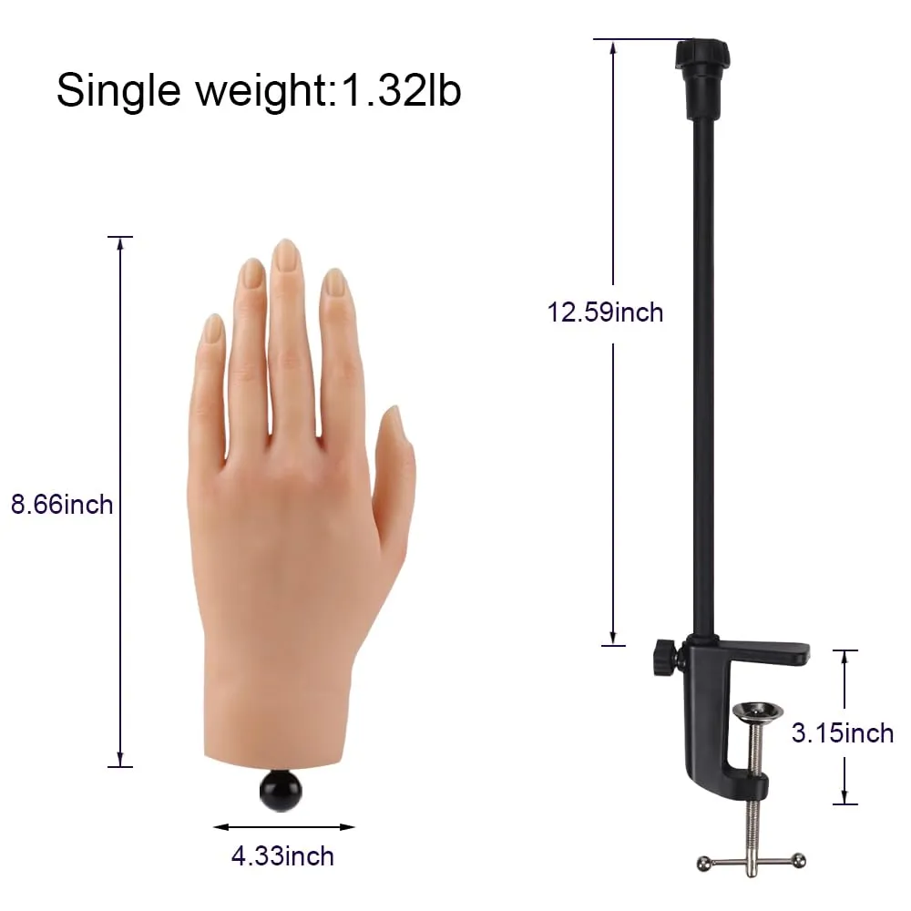 Nail Pratice Training Hand for Acrylic Nails with Stand Bracket,Soft Silicone Maniquin Hand, Flexible Bendable Nail Practice Fake Hand for Nails Art Practice Tool