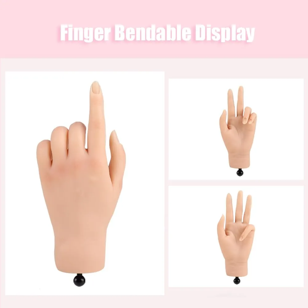 Nail Pratice Training Hand for Acrylic Nails with Stand Bracket,Soft Silicone Maniquin Hand, Flexible Bendable Nail Practice Fake Hand for Nails Art Practice Tool
