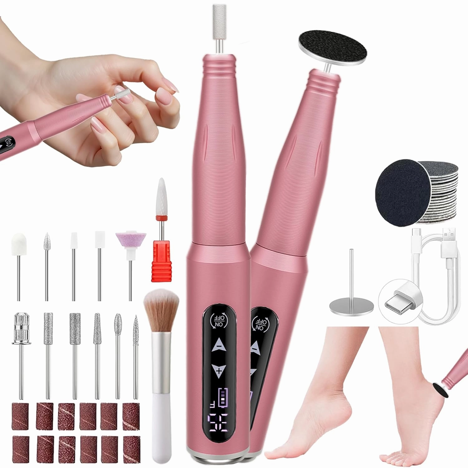Nail Drill File Electric, 2-in-1 Touch Rechargeable Drill Nail, Cordless Manicure Pedicure Tools Polishing Machine Kit for Acrylic Gel Dip Powder with Nail Drill Bits Sanding Bands (A-105 Pink)