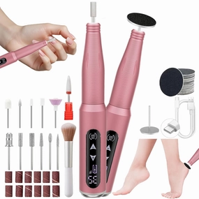 Nail Drill File Electric, 2-in-1 Touch Rechargeable Drill Nail, Cordless Manicure Pedicure Tools Polishing Machine Kit for Acrylic Gel Dip Powder with Nail Drill Bits Sanding Bands (A-105 Pink)