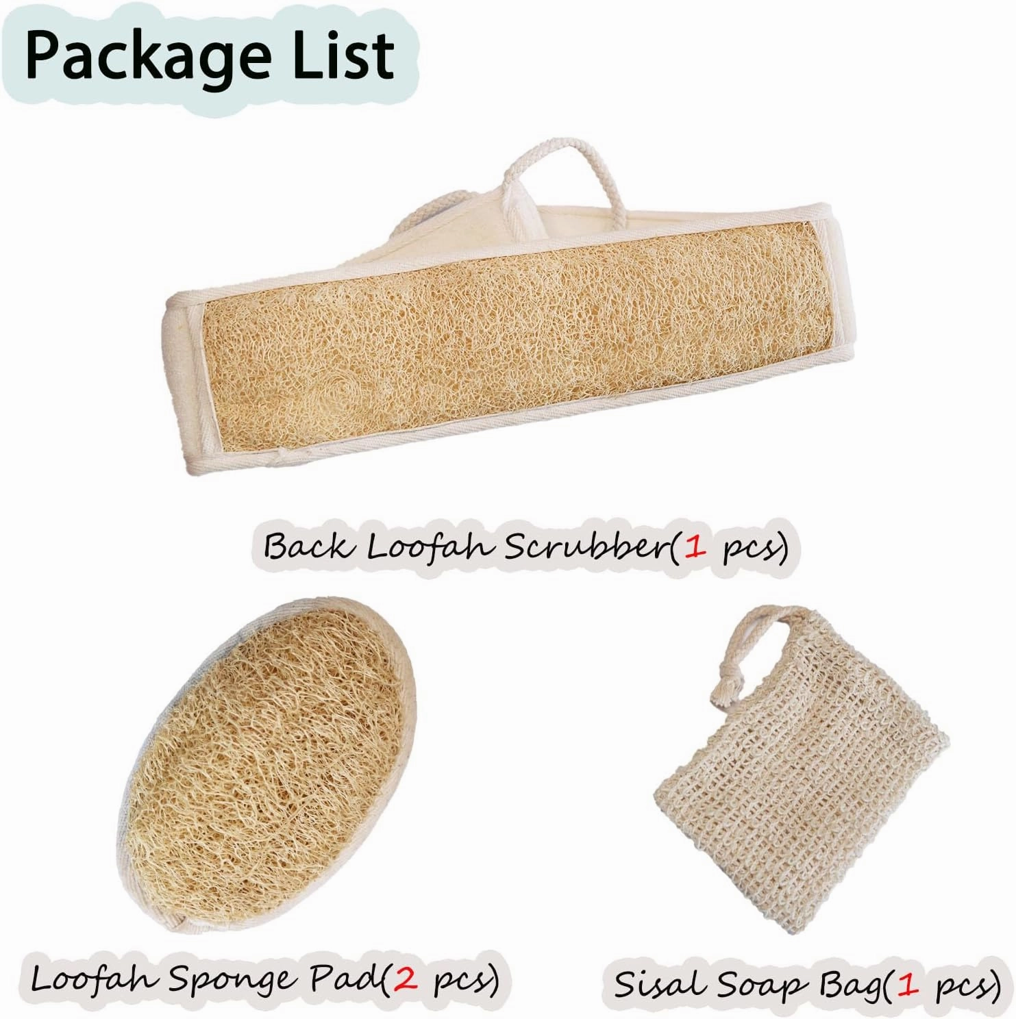 Natural Loofah Bath Set, Exfoliating Luffa Sponge Pads, Back Loofah Scrubber and Sisal Soap Bag. Bath Shower Loofah Sponges for Women and Men, for Face and Body, 4-pcs