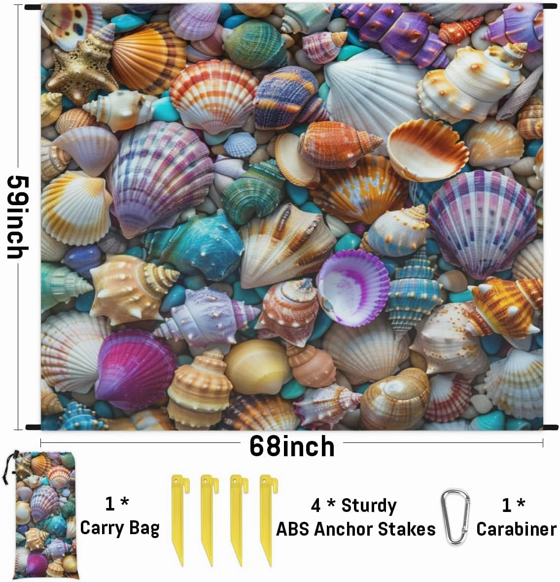 Nautical Coastal Beach Beach Blanket, Sandproof Beach Mat, Adults Waterproof Quick Drying Sand Free Mat with 4 x Ground Spikes for Outdoor Travel Camping Hiking, Tropical Ocean Seashell