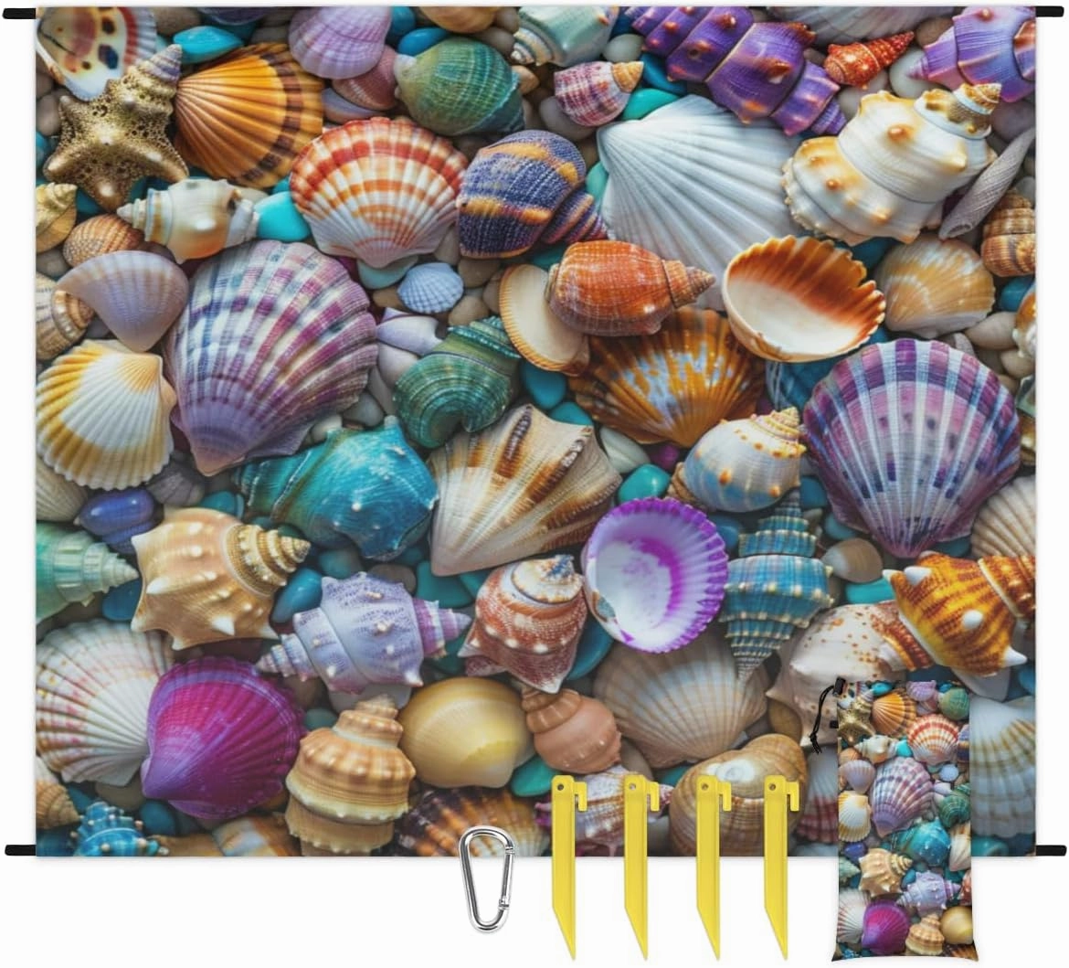Nautical Coastal Beach Beach Blanket, Sandproof Beach Mat, Adults Waterproof Quick Drying Sand Free Mat with 4 x Ground Spikes for Outdoor Travel Camping Hiking, Tropical Ocean Seashell