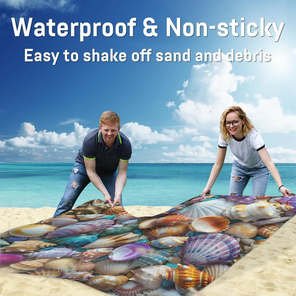Nautical Coastal Beach Beach Blanket, Sandproof Beach Mat, Adults Waterproof Quick Drying Sand Free Mat with 4 x Ground Spikes for Outdoor Travel Camping Hiking, Tropical Ocean Seashell