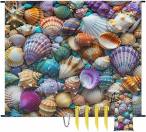 Nautical Coastal Beach Beach Blanket, Sandproof Beach Mat, Adults Waterproof Quick Drying Sand Free Mat with 4 x Ground Spikes for Outdoor Travel Camping Hiking, Tropical Ocean Seashell