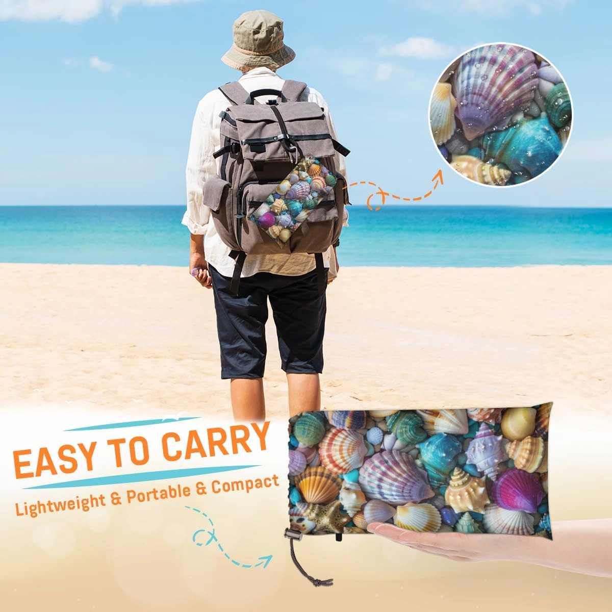 Nautical Coastal Beach Beach Blanket, Sandproof Beach Mat, Adults Waterproof Quick Drying Sand Free Mat with 4 x Ground Spikes for Outdoor Travel Camping Hiking, Tropical Ocean Seashell