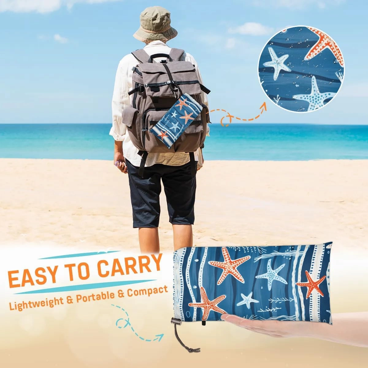 Nautical Coastal Beach Blanket, Sandproof Beach Mat, 68 x 59 Waterproof Quick Drying Sand Free Mat with 4 x Ground Spikes for Outdoor Travel Camping Hiking, Ocean Beach Starfish