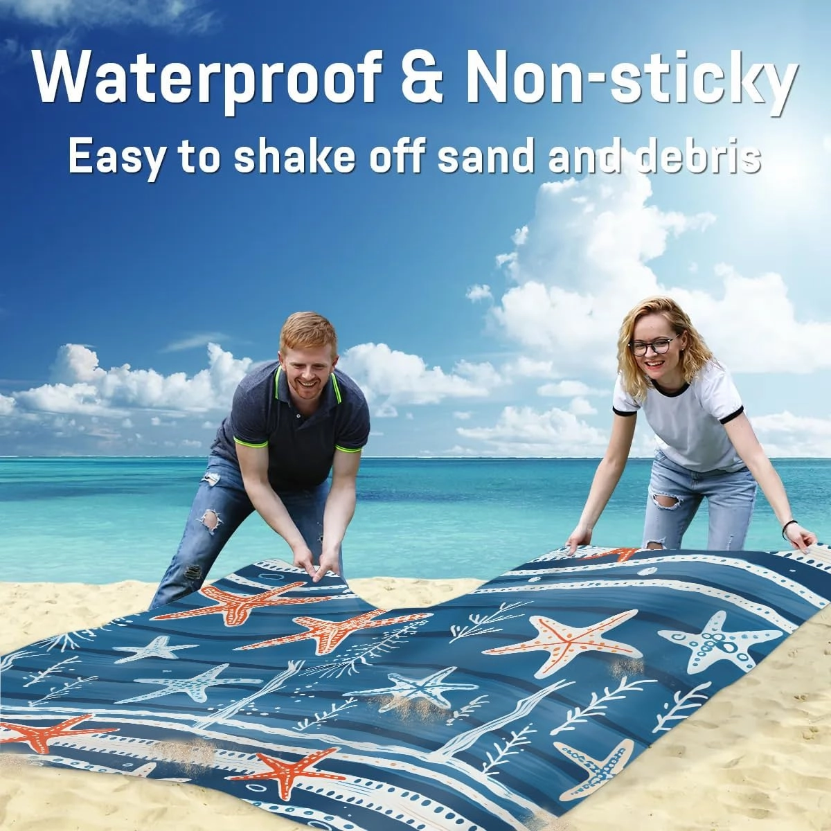 Nautical Coastal Beach Blanket, Sandproof Beach Mat, 68 x 59 Waterproof Quick Drying Sand Free Mat with 4 x Ground Spikes for Outdoor Travel Camping Hiking, Ocean Beach Starfish