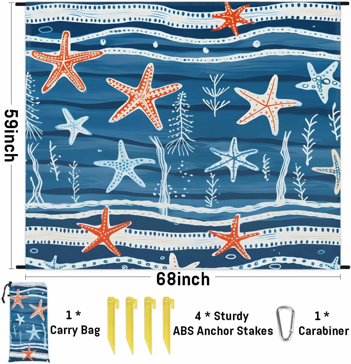 Nautical Coastal Beach Blanket, Sandproof Beach Mat, 68 x 59 Waterproof Quick Drying Sand Free Mat with 4 x Ground Spikes for Outdoor Travel Camping Hiking, Ocean Beach Starfish