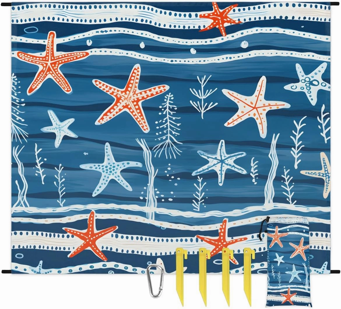Nautical Coastal Beach Blanket, Sandproof Beach Mat, 68 x 59 Waterproof Quick Drying Sand Free Mat with 4 x Ground Spikes for Outdoor Travel Camping Hiking, Ocean Beach Starfish