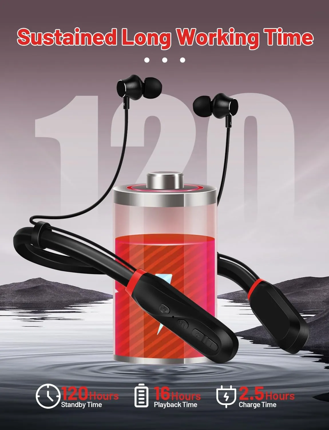 Neckband Bluetooth Headphones, 120H Long Playtime Wireless Stereo Neckband Earbuds with Microphone, Waterproof Around The Neck Headphones in Ear Headset for Sports/Workout/Office (Black)