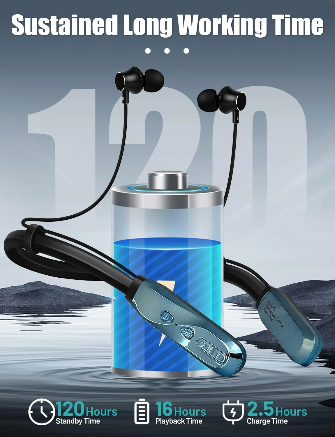 Neckband Bluetooth Headphones, 120H Long Playtime Wireless Stereo Neckband Earbuds with Microphone, Waterproof Around The Neck Headphones in Ear Headset for Sports/Workout/Office (Blue)