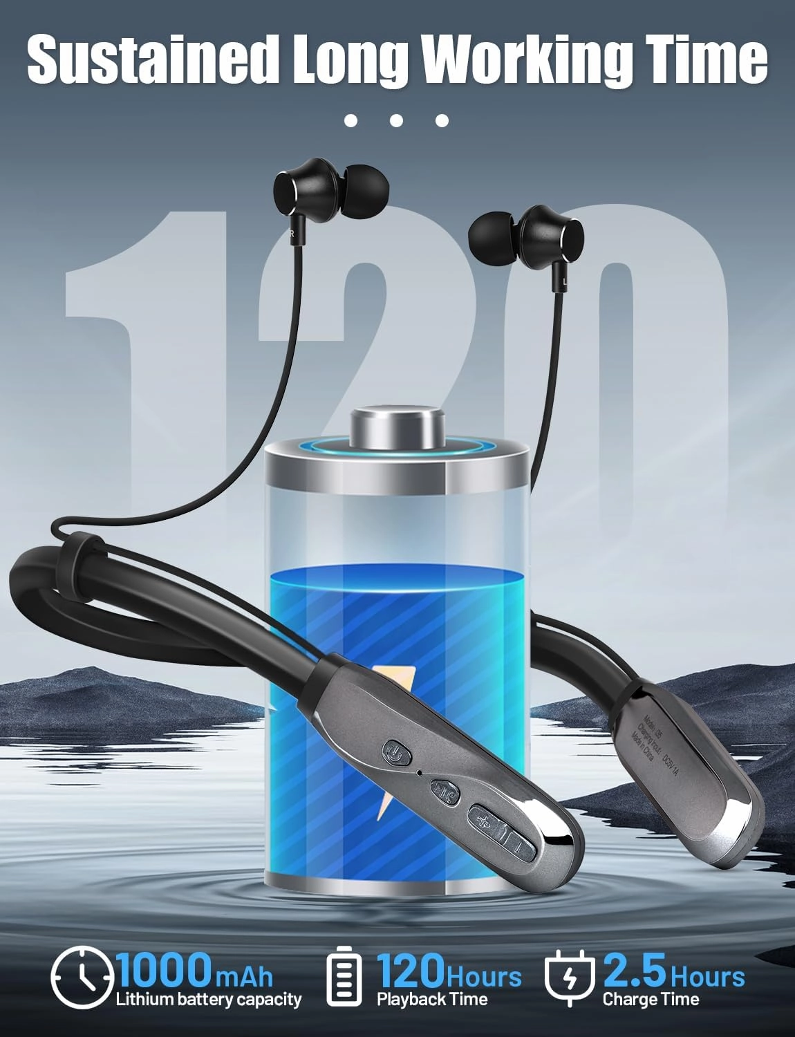 Neckband Bluetooth Headphones, 120H Long Playtime Wireless Stereo Neckband Earbuds with Microphone, Waterproof Around The Neck Headphones in Ear Headset for Sports/Workout/Office (Silver)