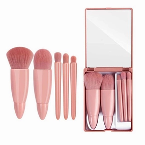 NH Travel Makeup Brush Set, 5 Pieces with Mirror, Rose Gold, Pink