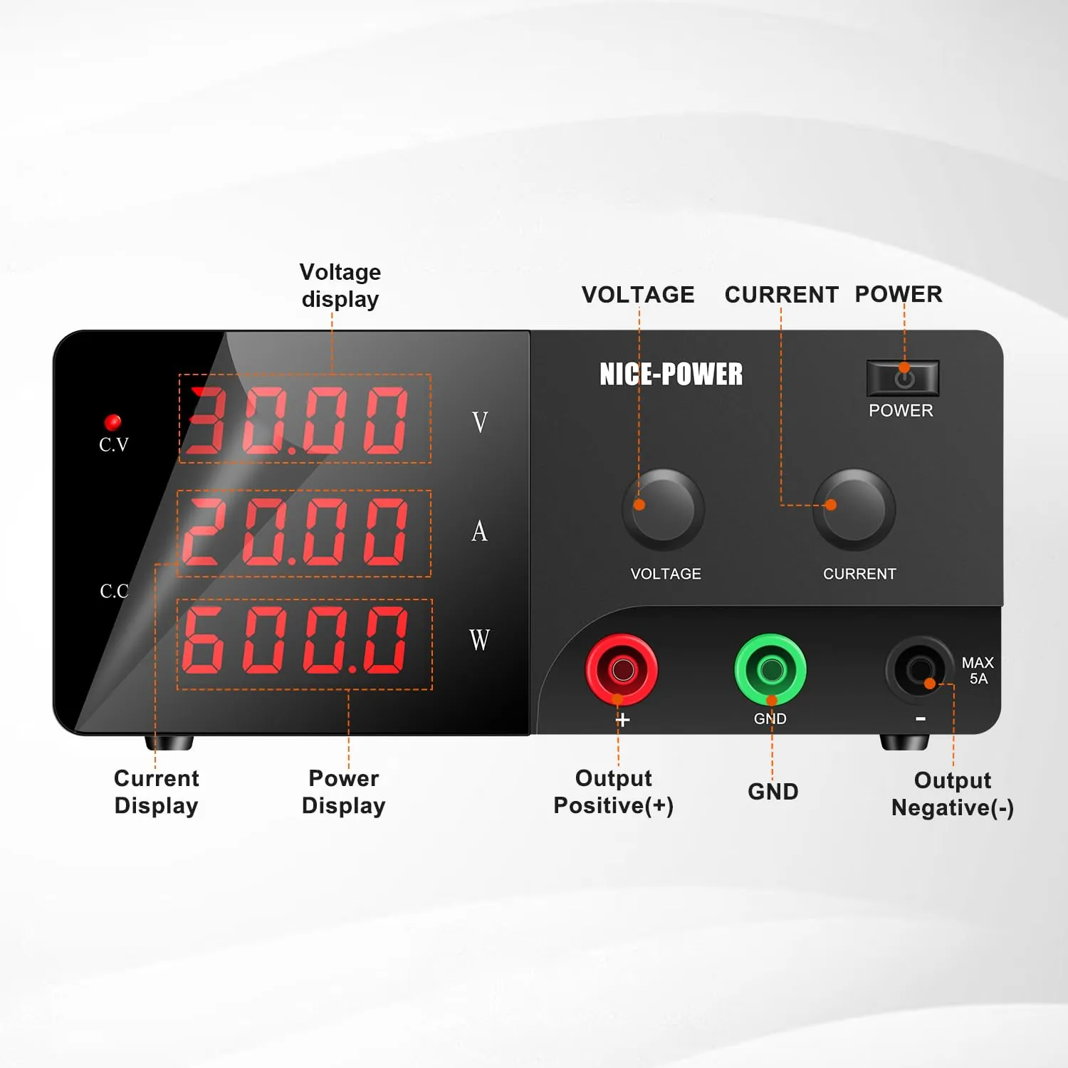 NICE-POWER DC Power Supply Variable, 0-30V 0-20A 600W High Power Bench Power Supply with Encoder Knob & Output Switch, Benchtop Adjustable Switching Regulated Power Supplies for Repair/Test