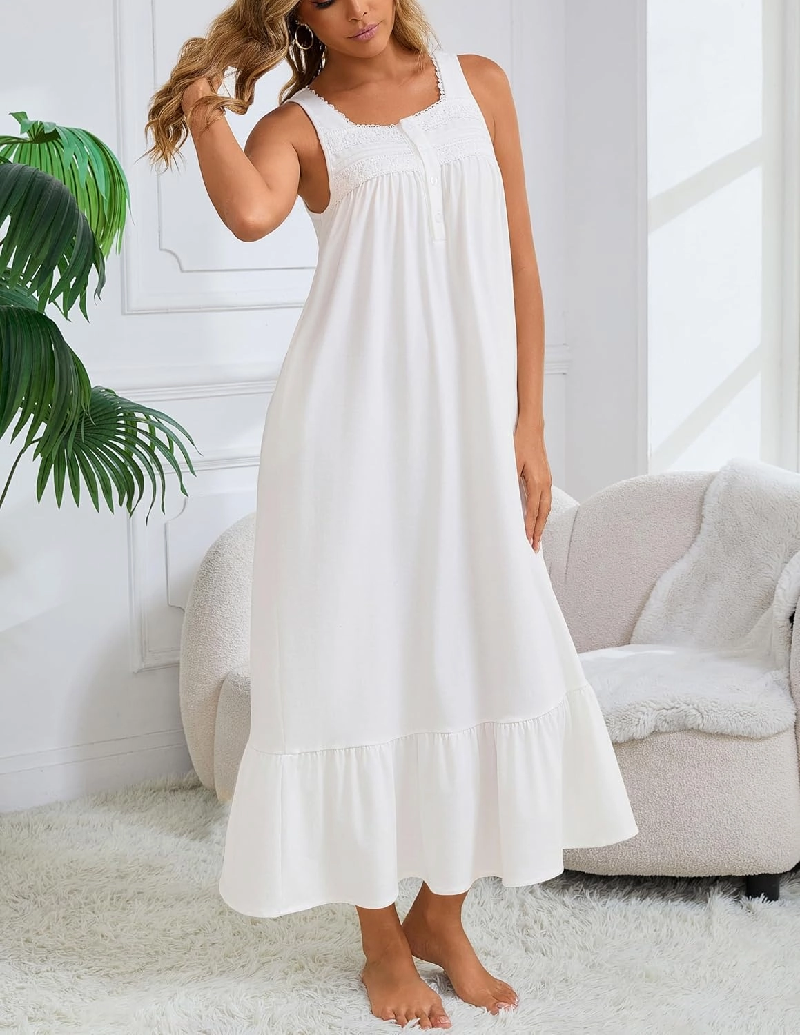 Nightgown for Women Soft Cotton Nightdress Long Sleeveless Sleep Dress with 2 Pockets S-3XL