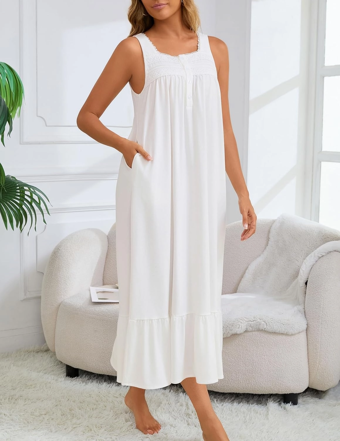 Nightgown for Women Soft Cotton Nightdress Long Sleeveless Sleep Dress with 2 Pockets S-3XL