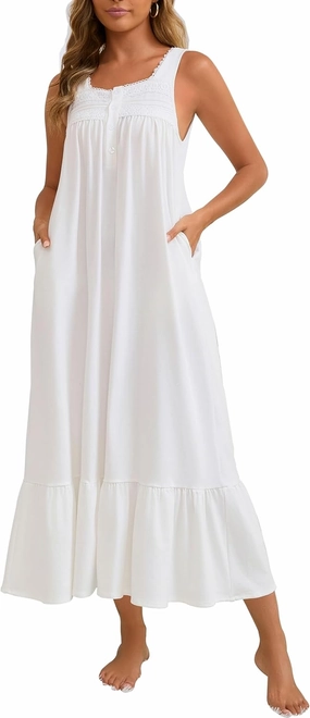 Nightgown for Women Soft Cotton Nightdress Long Sleeveless Sleep Dress with 2 Pockets S-3XL