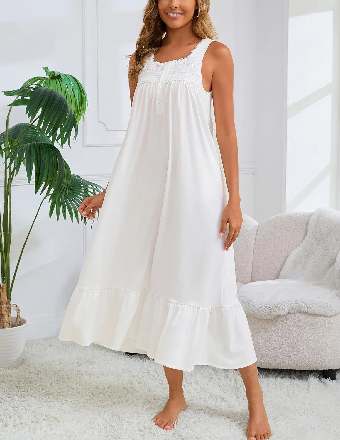 Nightgown for Women Soft Cotton Nightdress Long Sleeveless Sleep Dress with 2 Pockets S-3XL