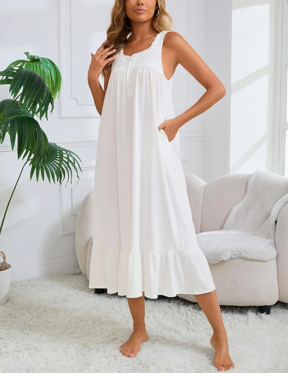 Nightgown for Women Soft Cotton Nightdress Long Sleeveless Sleep Dress with 2 Pockets S-3XL