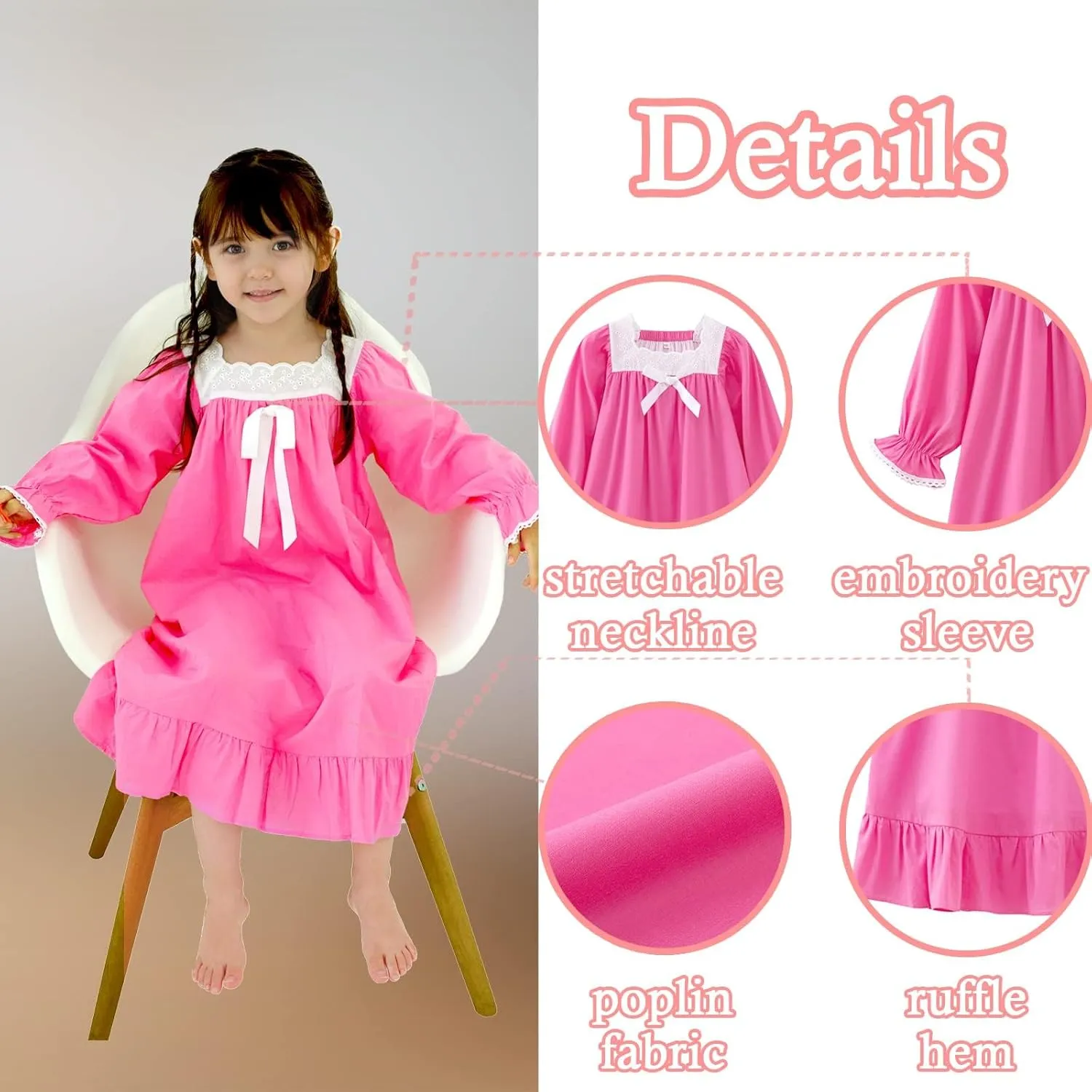 Nightgowns for Girls, Cotton Princess Dress, Girls Vintage Nightgown (Doll,Girls,Women)