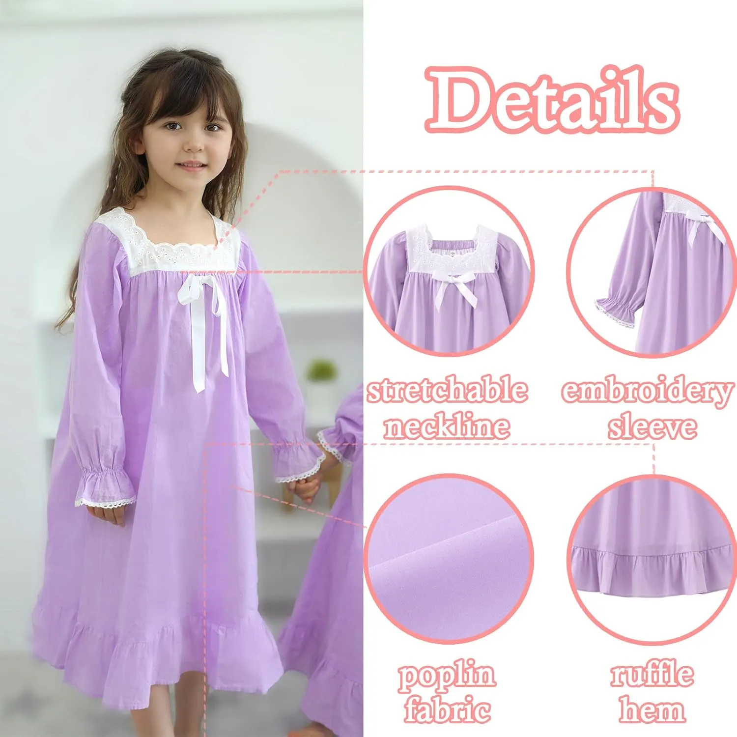 Nightgowns for Girls, Cotton Princess Dress, Girls Vintage Nightgown (Doll,Girls,Women)