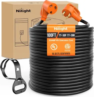 Nilight 30 Amp 100FT RV Extension Cord 125V Heavy Duty 10 Gauge Pure Copper STW Wire UL ETL Listed 3 Prong TT-30P TT-30R 30F/30M Weatherproof Suit for Camper Caravan Trailer