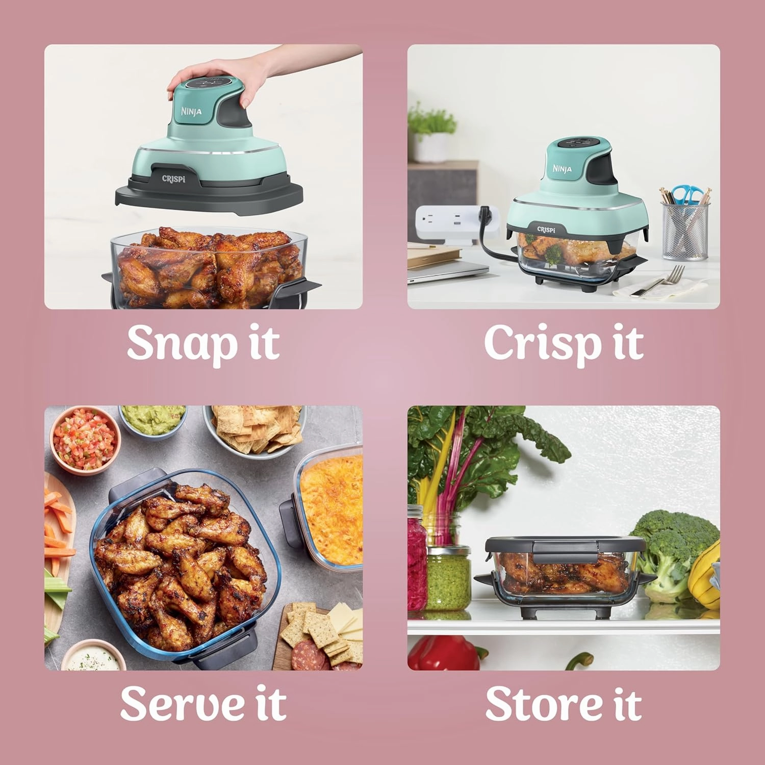 Ninja Crispi 4-in-1 Portable Glass Air Fryer Cooking System, 4 QT & 6 Cup Glass Containers with Storage Lids, Easy Meals, Microwave, Freezer & Dishwasher Safe, Air Fry, Bake, & More, Pink, FN101PK