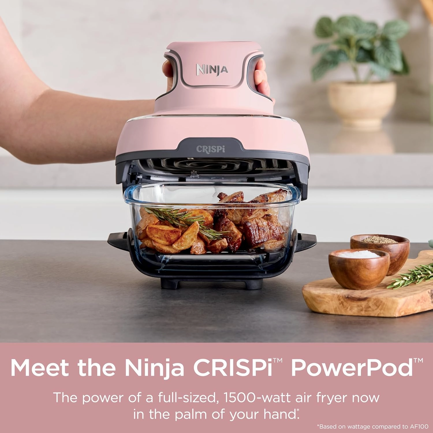 Ninja Crispi 4-in-1 Portable Glass Air Fryer Cooking System, 4 QT & 6 Cup Glass Containers with Storage Lids, Easy Meals, Microwave, Freezer & Dishwasher Safe, Air Fry, Bake, & More, Pink, FN101PK