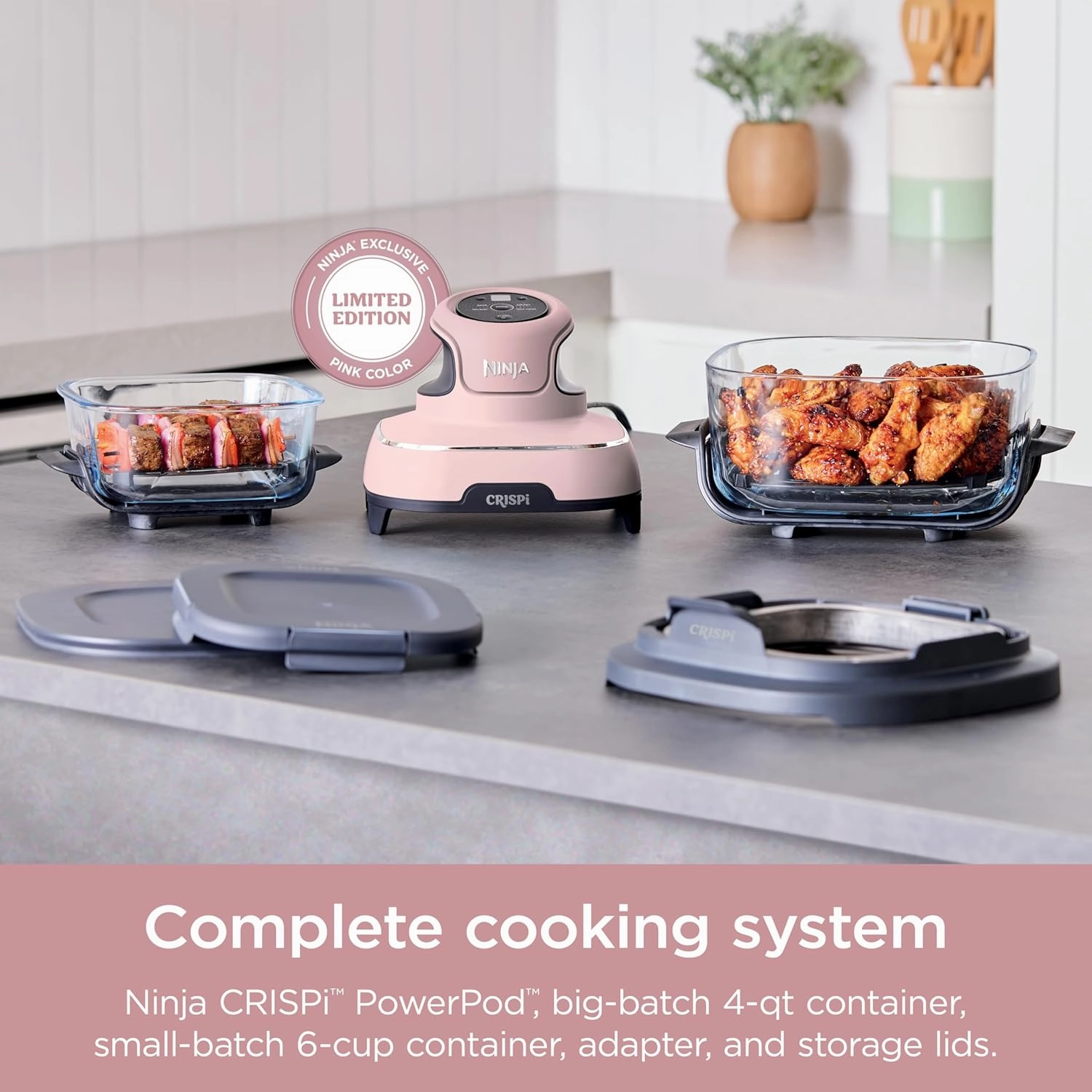 Ninja Crispi 4-in-1 Portable Glass Air Fryer Cooking System, 4 QT & 6 Cup Glass Containers with Storage Lids, Easy Meals, Microwave, Freezer & Dishwasher Safe, Air Fry, Bake, & More, Pink, FN101PK