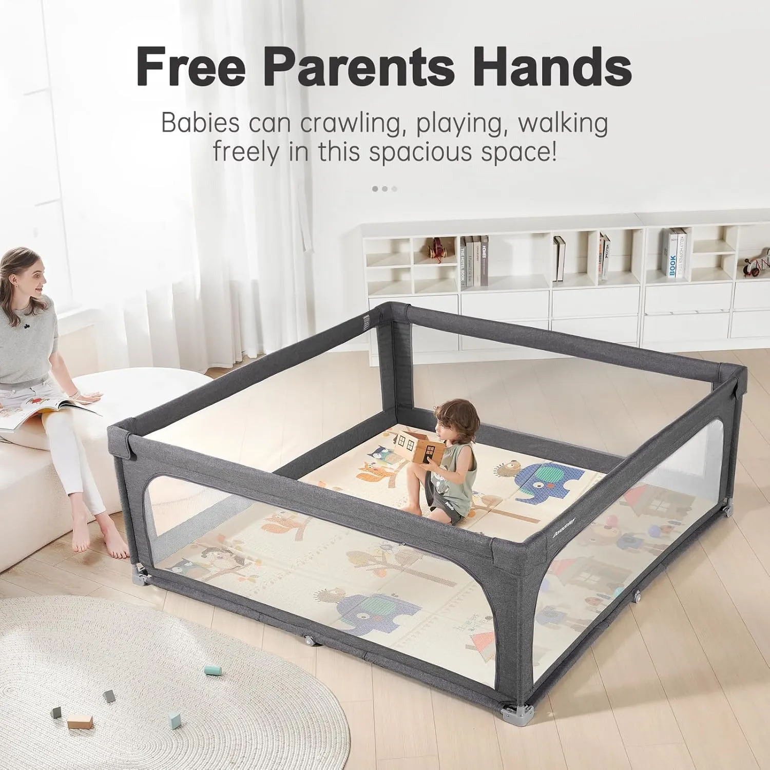 No Assembly Foldable Baby Playpen for Infants & Toddlers, Extra Large Portable Playard with Breathable Mesh, Compact Travel Play Yard Indoor Outdoor Safety Gate Instant Setup Play Pen