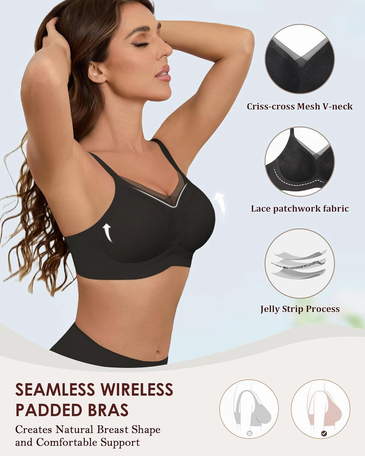 No Underwire Sheer Mesh V-Neck Bra Lace Soft Support Comfort Bra for Women Everyday T-Shirt Bralette
