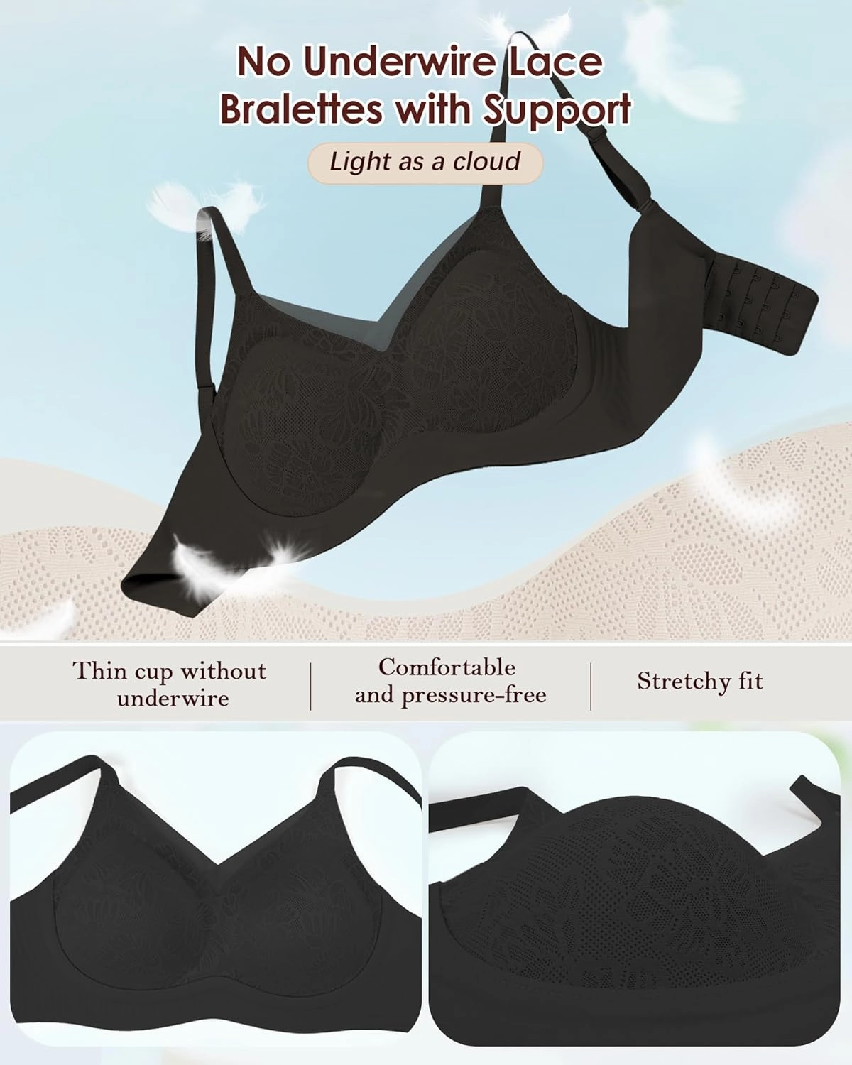 No Underwire Sheer Mesh V-Neck Bra Lace Soft Support Comfort Bra for Women Everyday T-Shirt Bralette